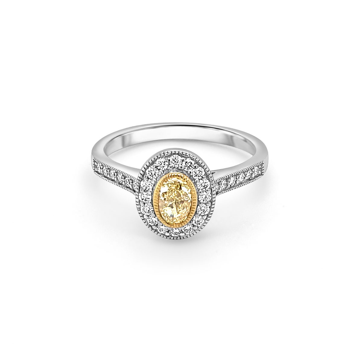 Platinum Yellow and White Diamond Halo Engagement Ring