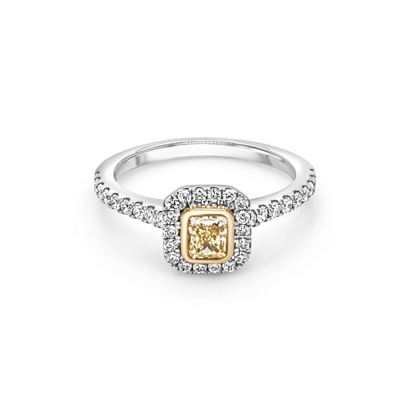 Platinum Yellow and White Diamond Halo Engagement Ring