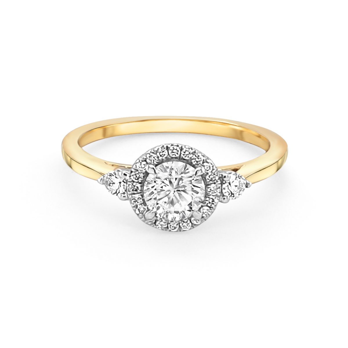 18ct Yellow Gold Three Stone Halo Engagement Ring