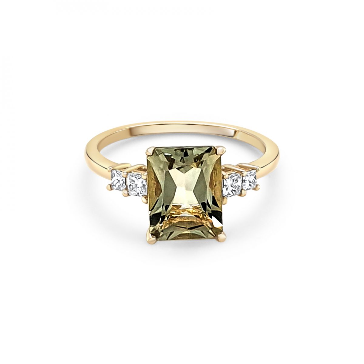 9ct Yellow Gold Green Amethyst & Diamond Ring